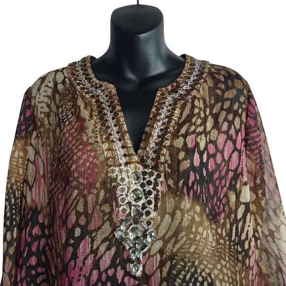 Chico's Women's Multicolor Abstract Embellished Tunic V-Neck 3/4 Sleeve Size 1 - Picture 3 of 9